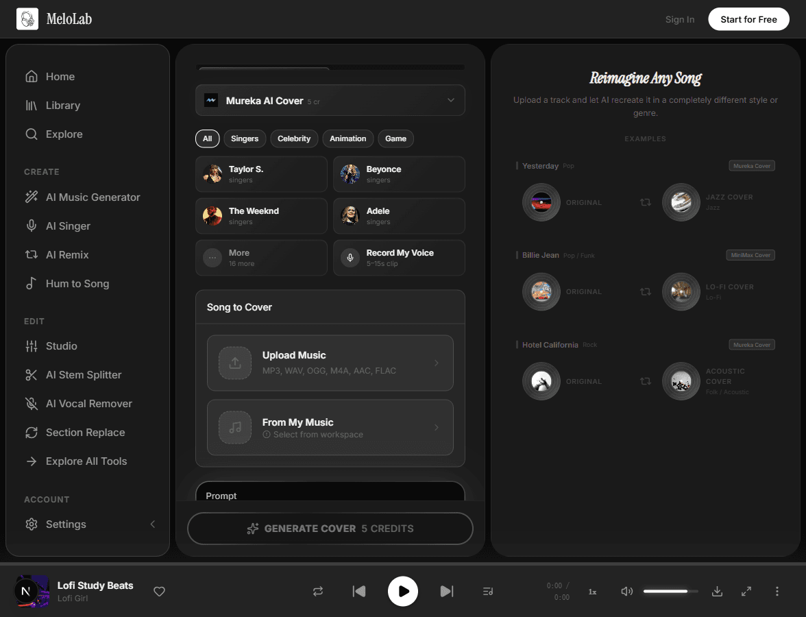 Upload original song file for AI cover creation in MeloLab