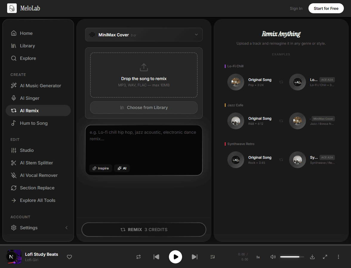 Describe remix style and genre for AI remix in MeloLab AI Remix