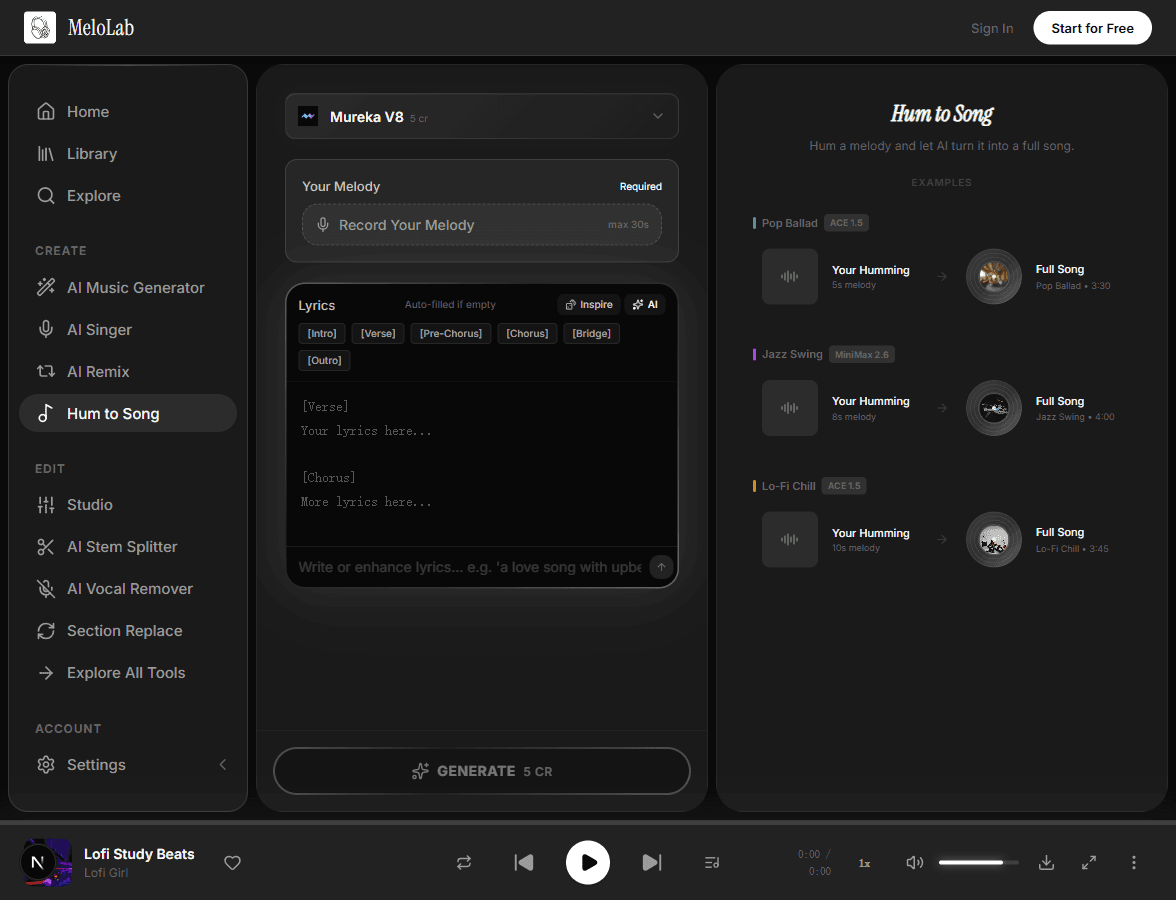 Record humming melody for AI song generation in MeloLab Hum to Song tool