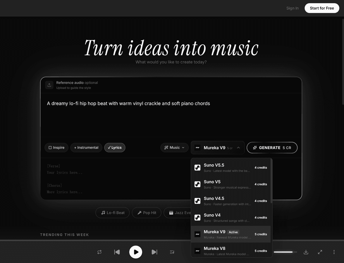 Mureka V9 model selector dropdown in MeloLab