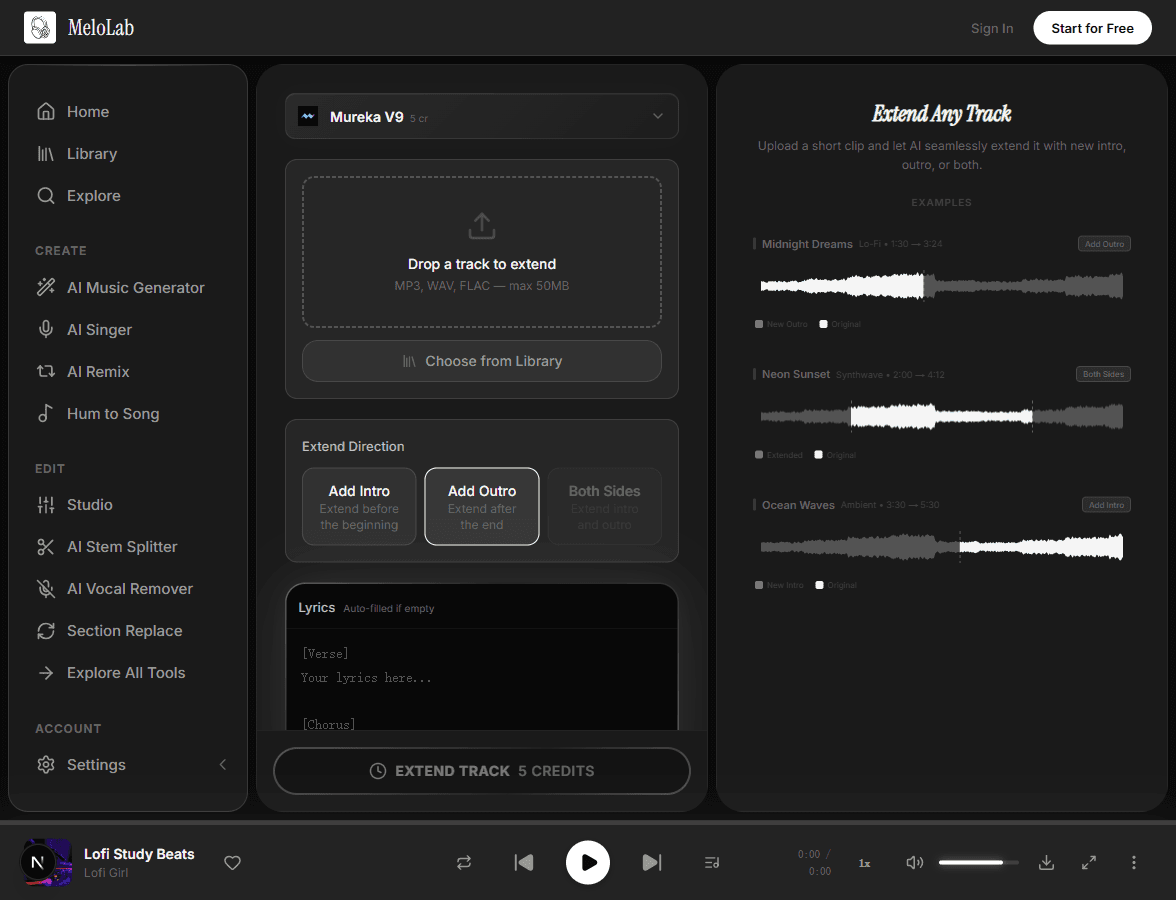Set continuation point for song extension in MeloLab Music Extender