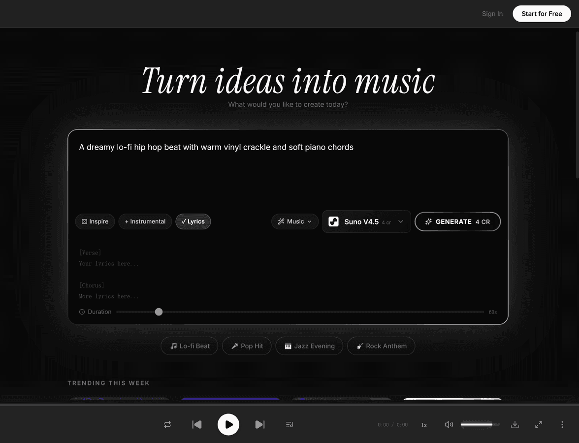 Suno V4.5 song creation prompt in MeloLab