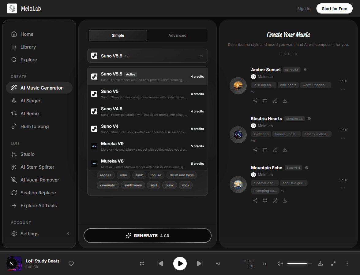 Choose AI music model for text to music generation in MeloLab Text to Music